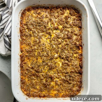 A casserole dish of sliced plantain breakfast casserole.