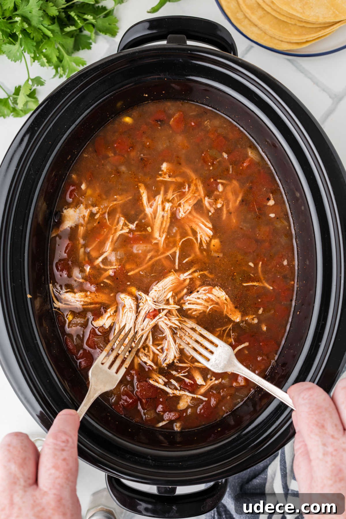Two forks shredding chicken in a crock pot.