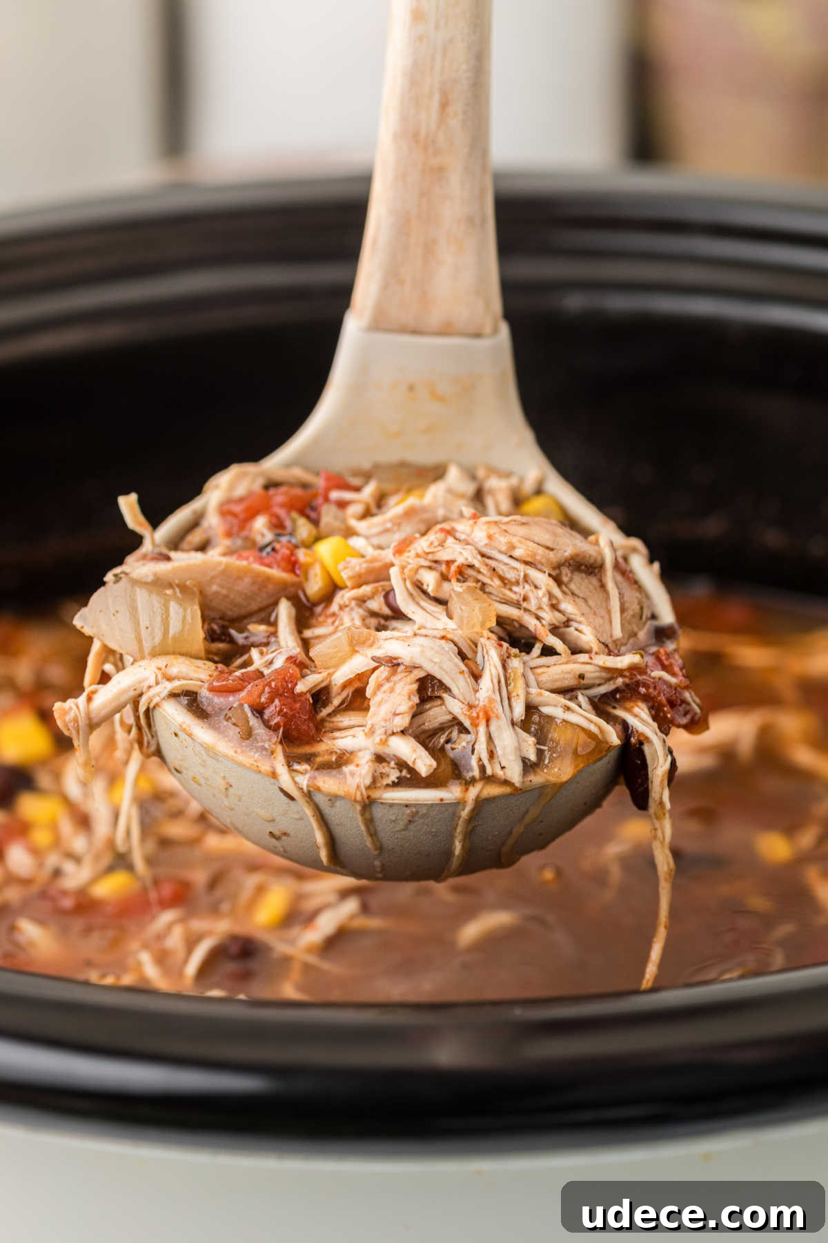 A ladle filled with slow cooker chicken tortilla soup.