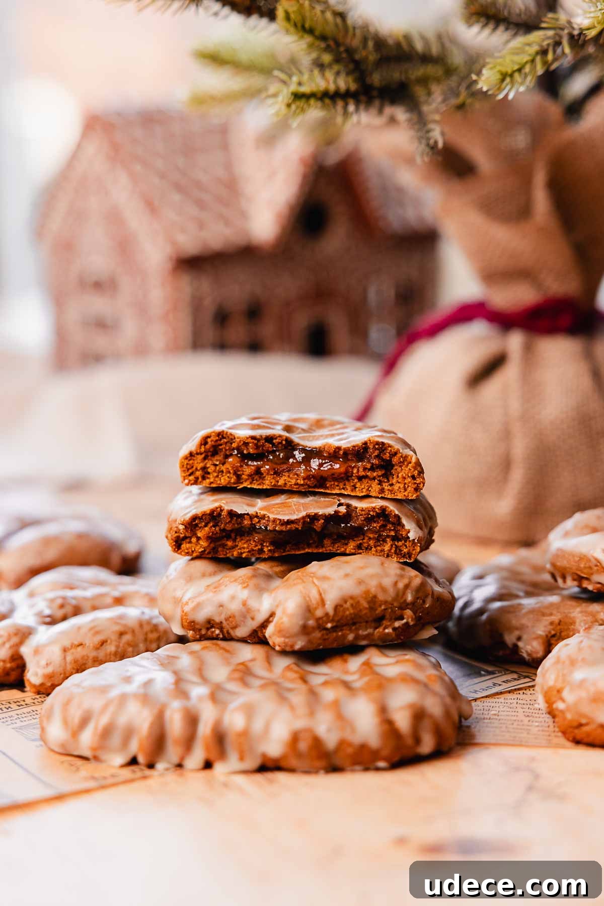 thick gingerbread cookies with jam filling and glaze stacked on top of eachother