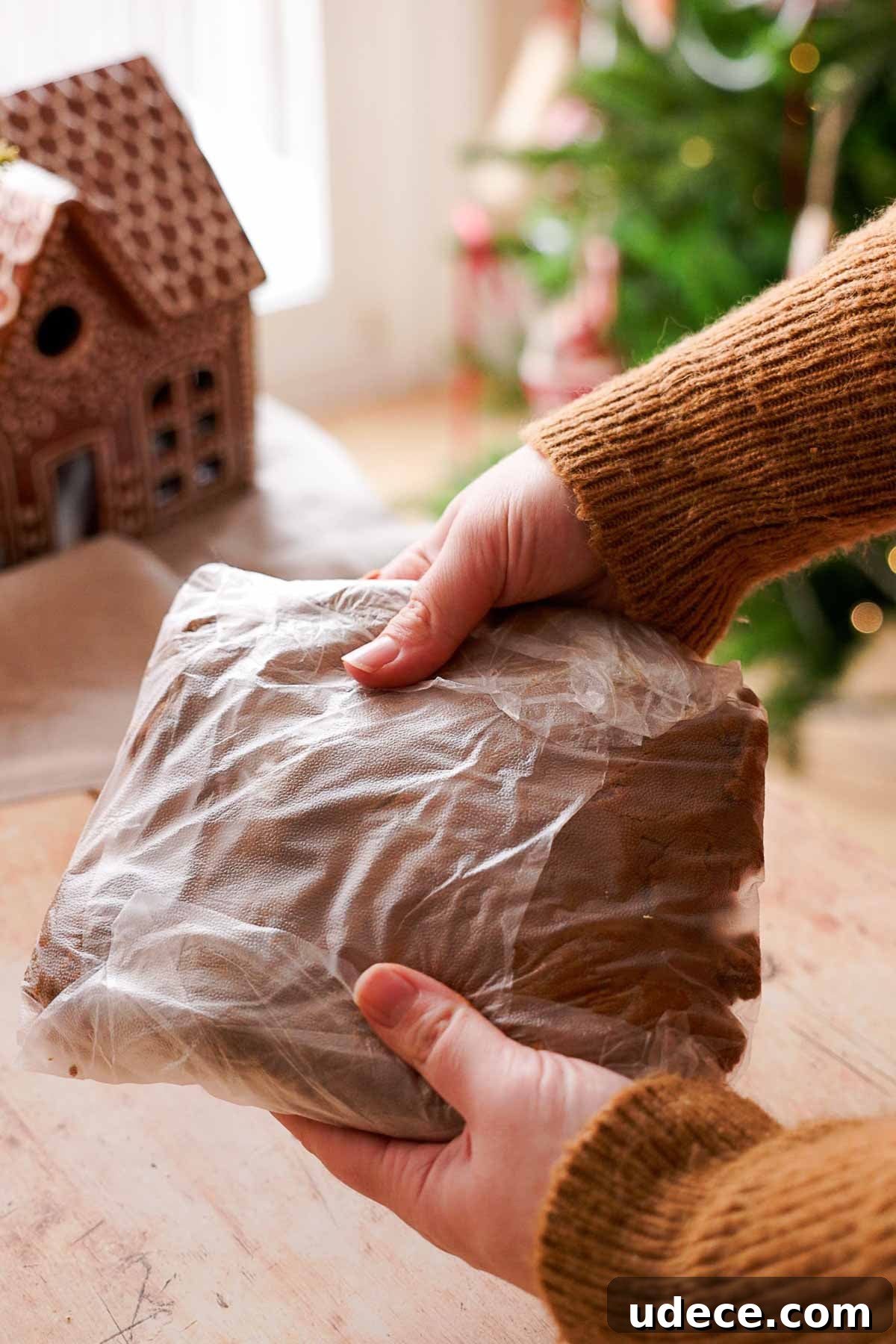 gingerbread cookie dough wrapped up in plastic wrap
