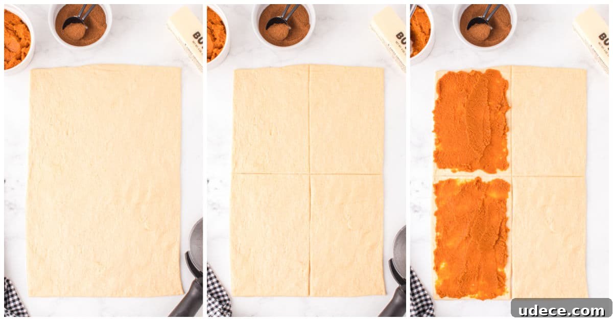 Collage of the crescent roll dough and adding the pumpkin filling.