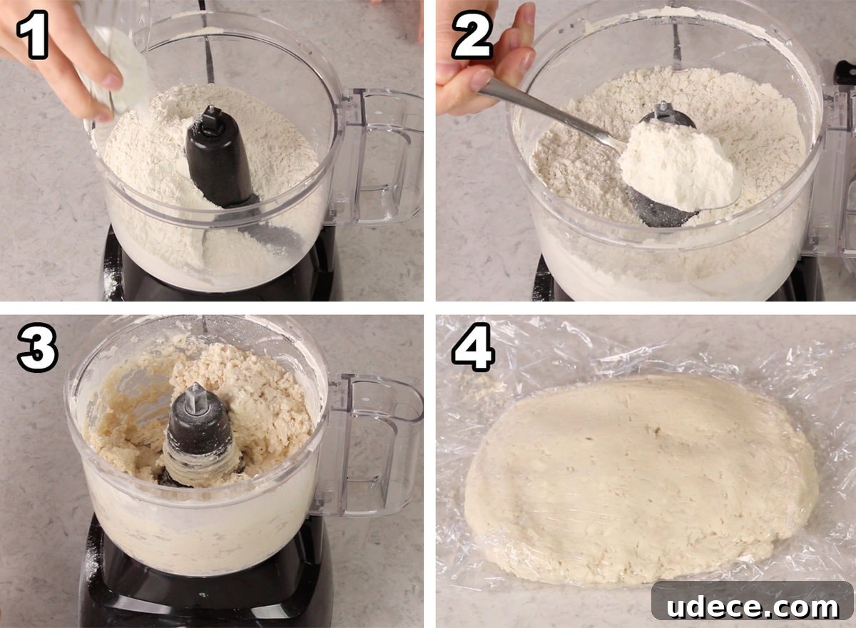 Four photos showing dough being made in food processor