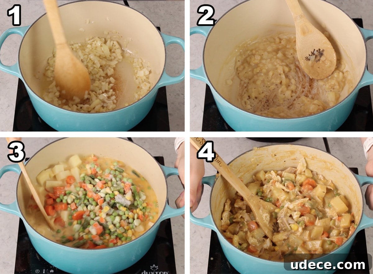 Four photos showing Pot pie filling being made