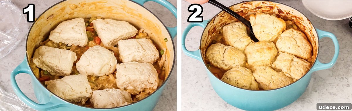 two photos of pot pie being assembled in dutch oven