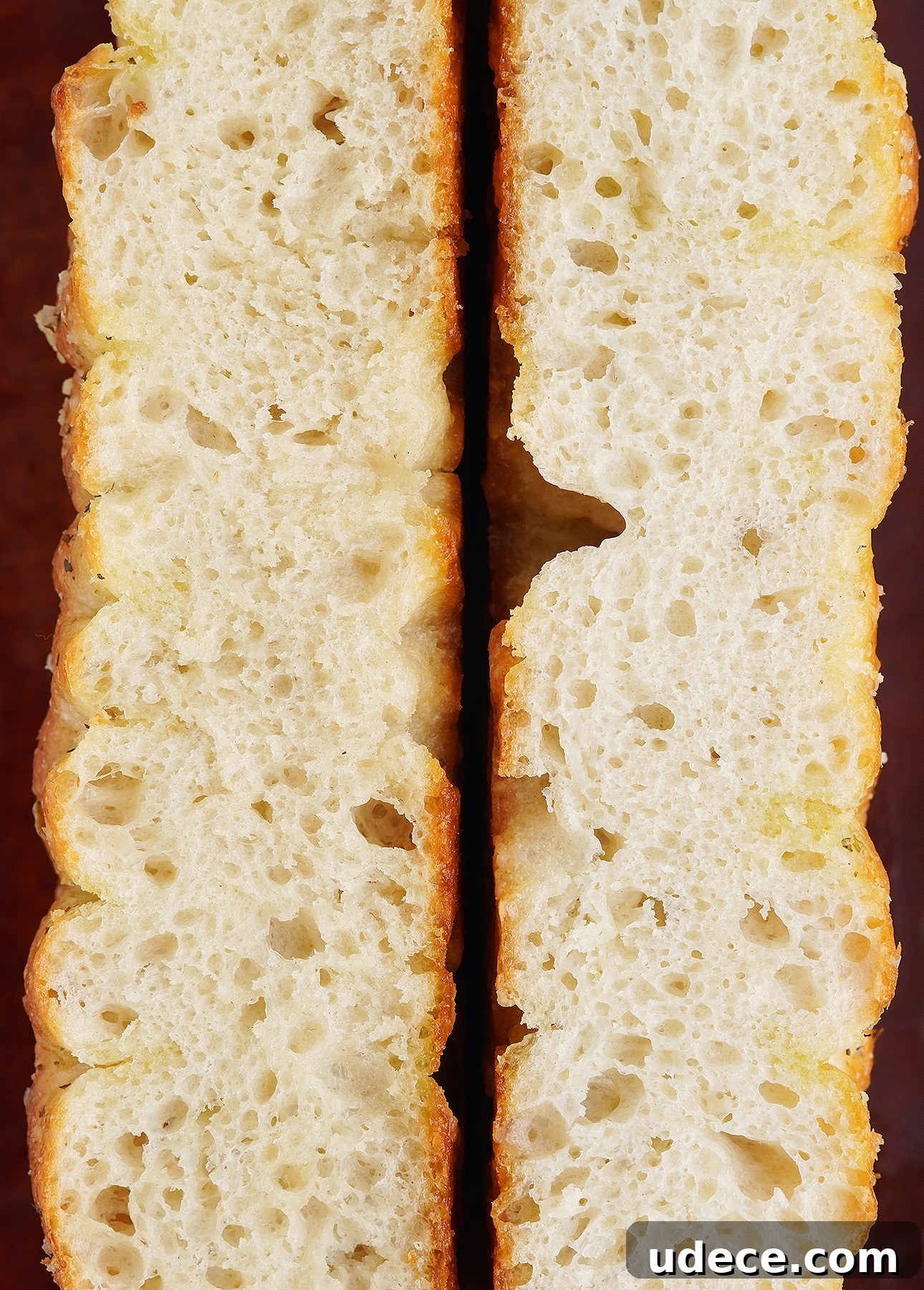 Slices of pillowy focaccia