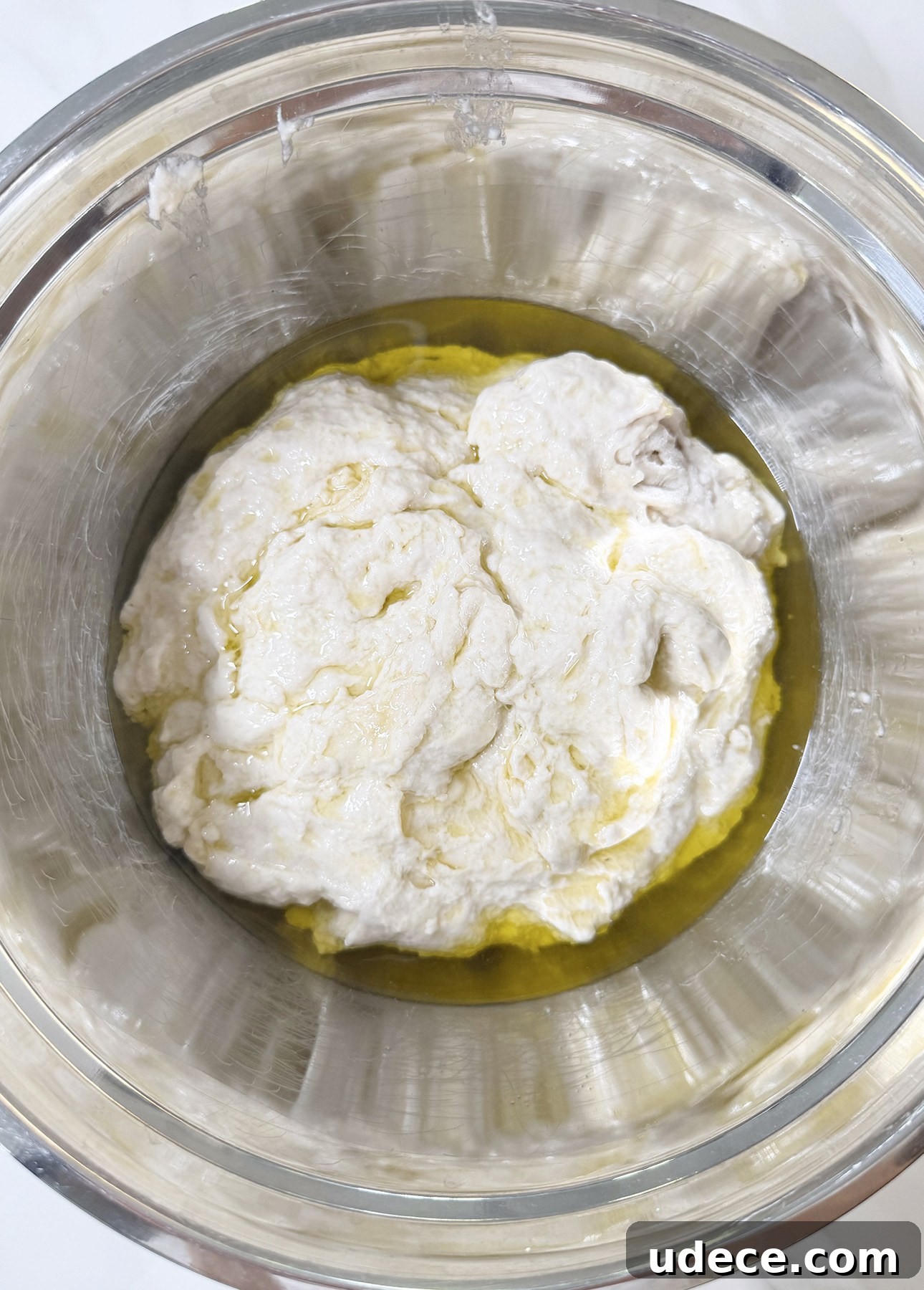 Homemade focaccia dough before rising