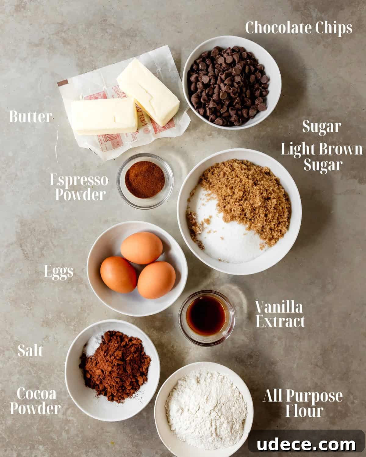 Brownie Layer Gather butter, chocolate chips, espresso powder, eggs, sugar, light brown sugar, vanilla extract, salt, cocoa powder, flour and water.