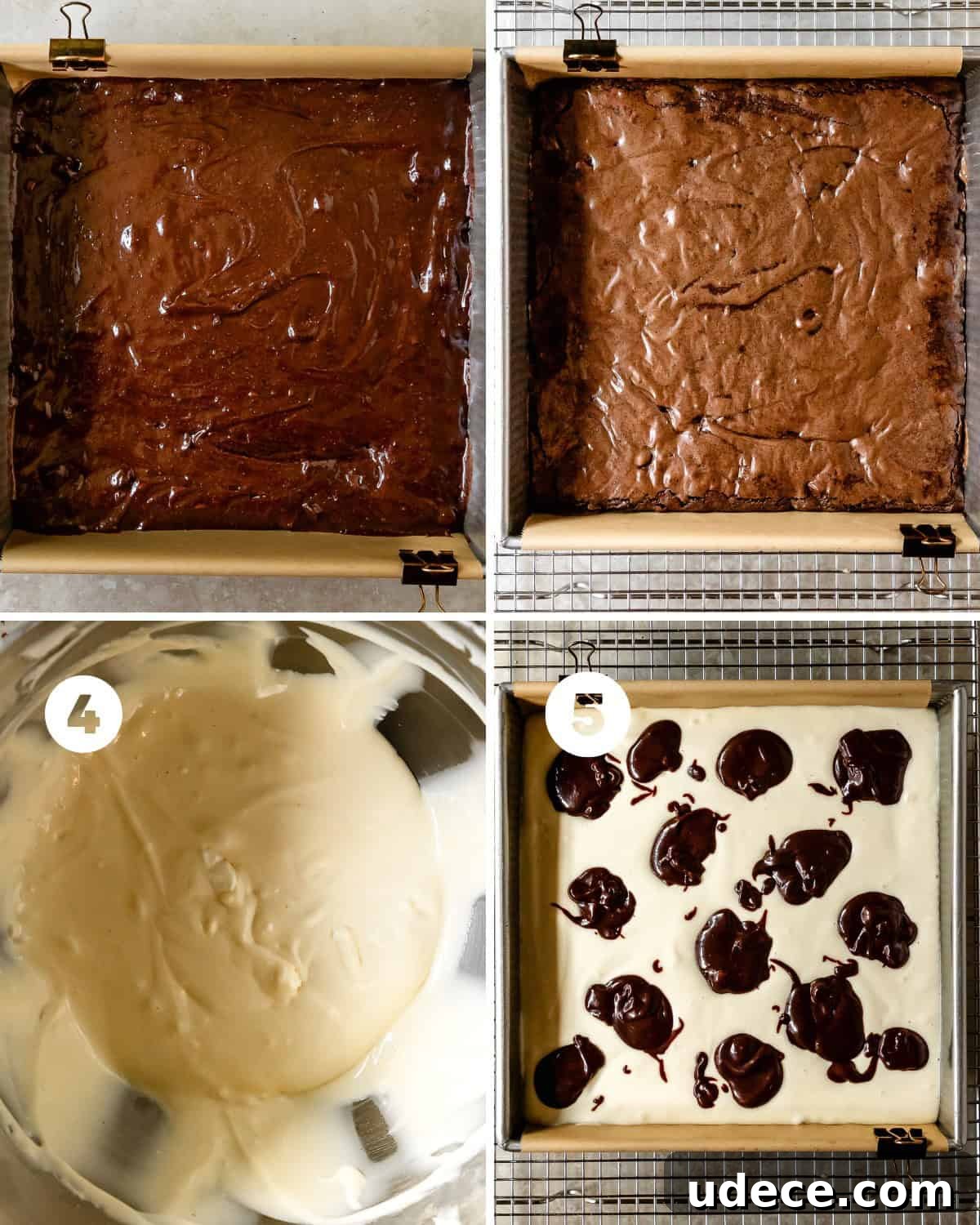 Cream the cream cheese and sugar, then add eggs and sour cream. Thin reserved brownie batter with hot water for swirling.