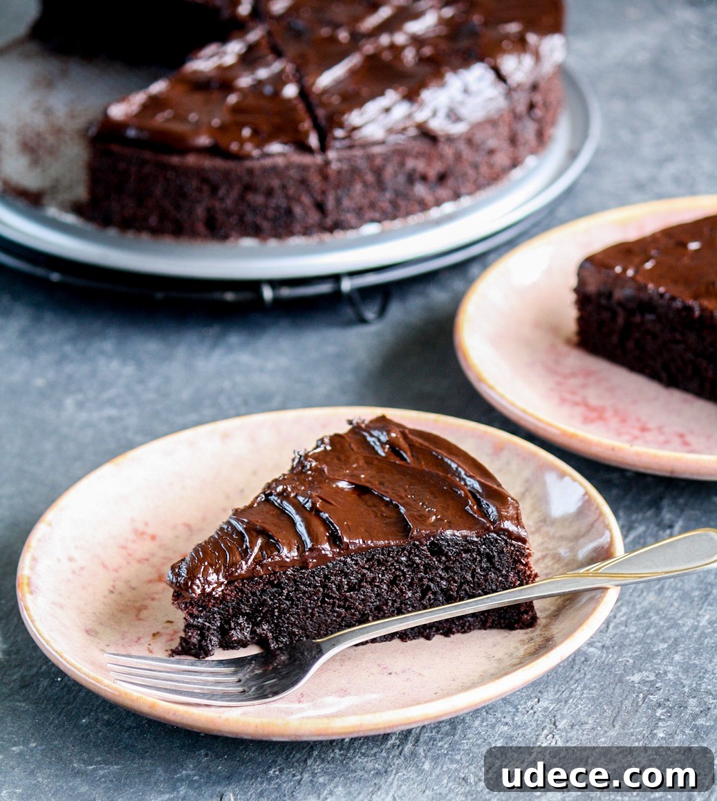 Moist, rich chocolate cake made with beetroot puree, topped with chocolate ganache