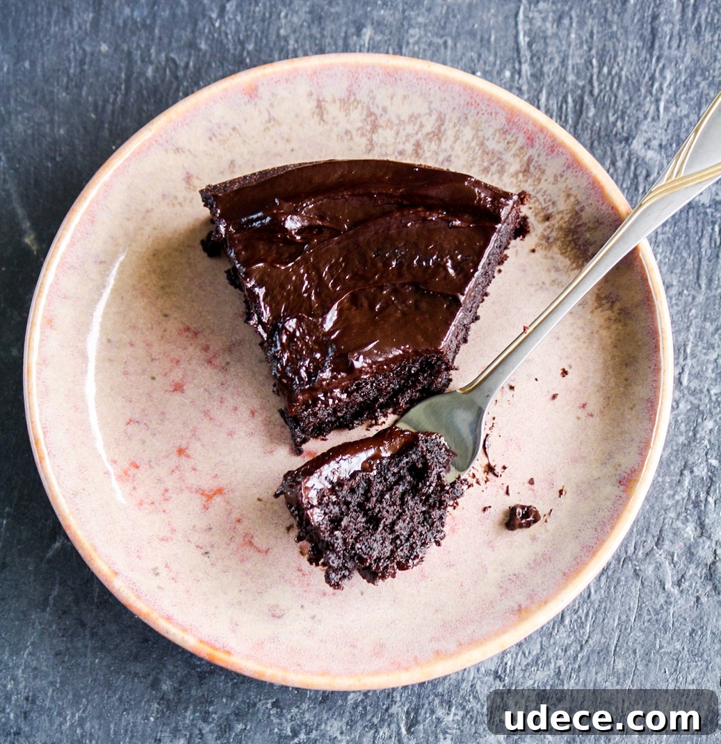 Moist, rich chocolate cake made with beetroot puree, topped with chocolate ganache