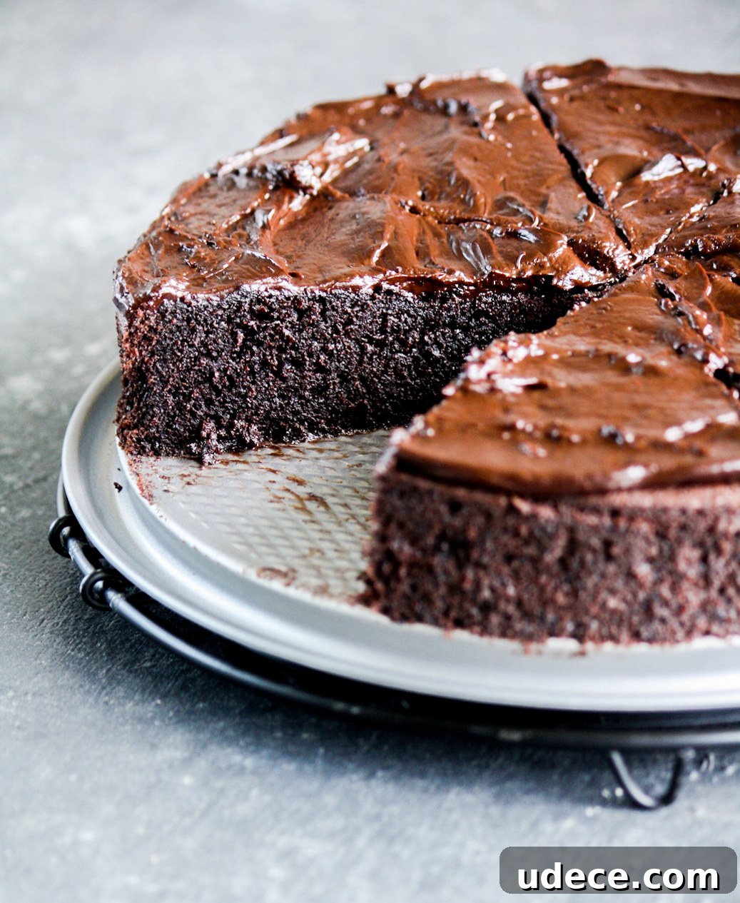 Moist, rich chocolate cake made with beetroot puree, topped with chocolate ganache