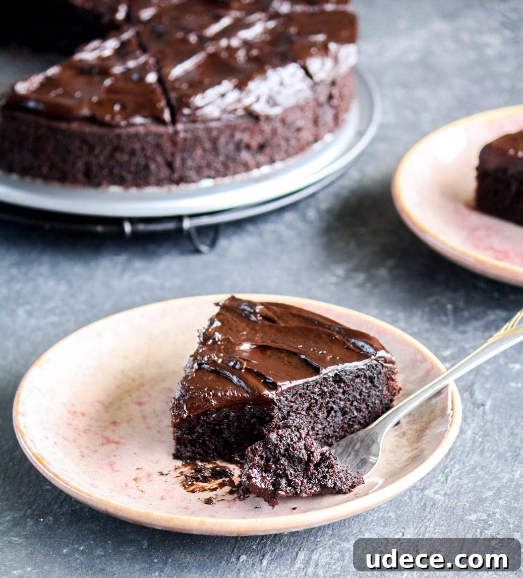 Moist, rich chocolate cake made with beetroot puree, topped with chocolate ganache