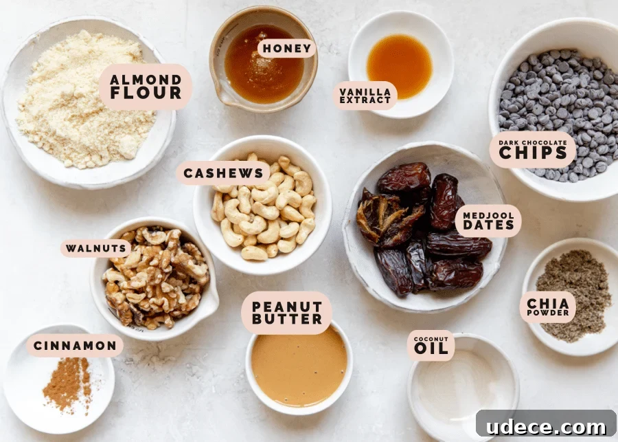 ingredients in small dishes needed to make protein bars