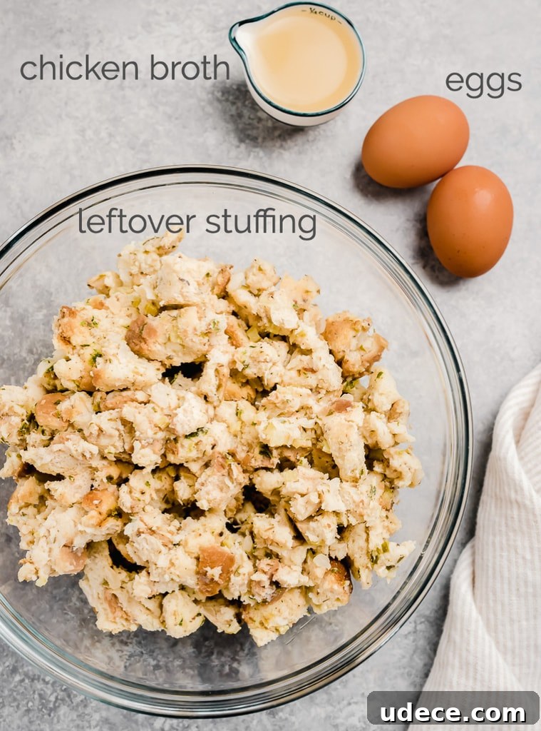 stuffing waffle ingredients labeled chicken broth, leftover stuffing and eggs