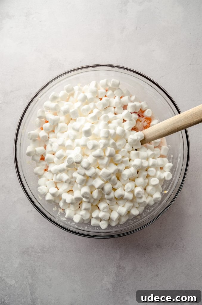 Aerial photo of ingredients for ambrosia salad in a bowl with marshmallows on top ready to be stirred in.