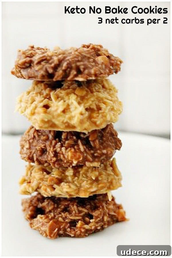 chocolate coconut cookies that are no bake stacked on each other. 