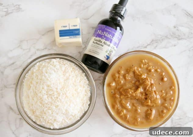 two prep bowls with ingredients like coconut and peanut butter. 