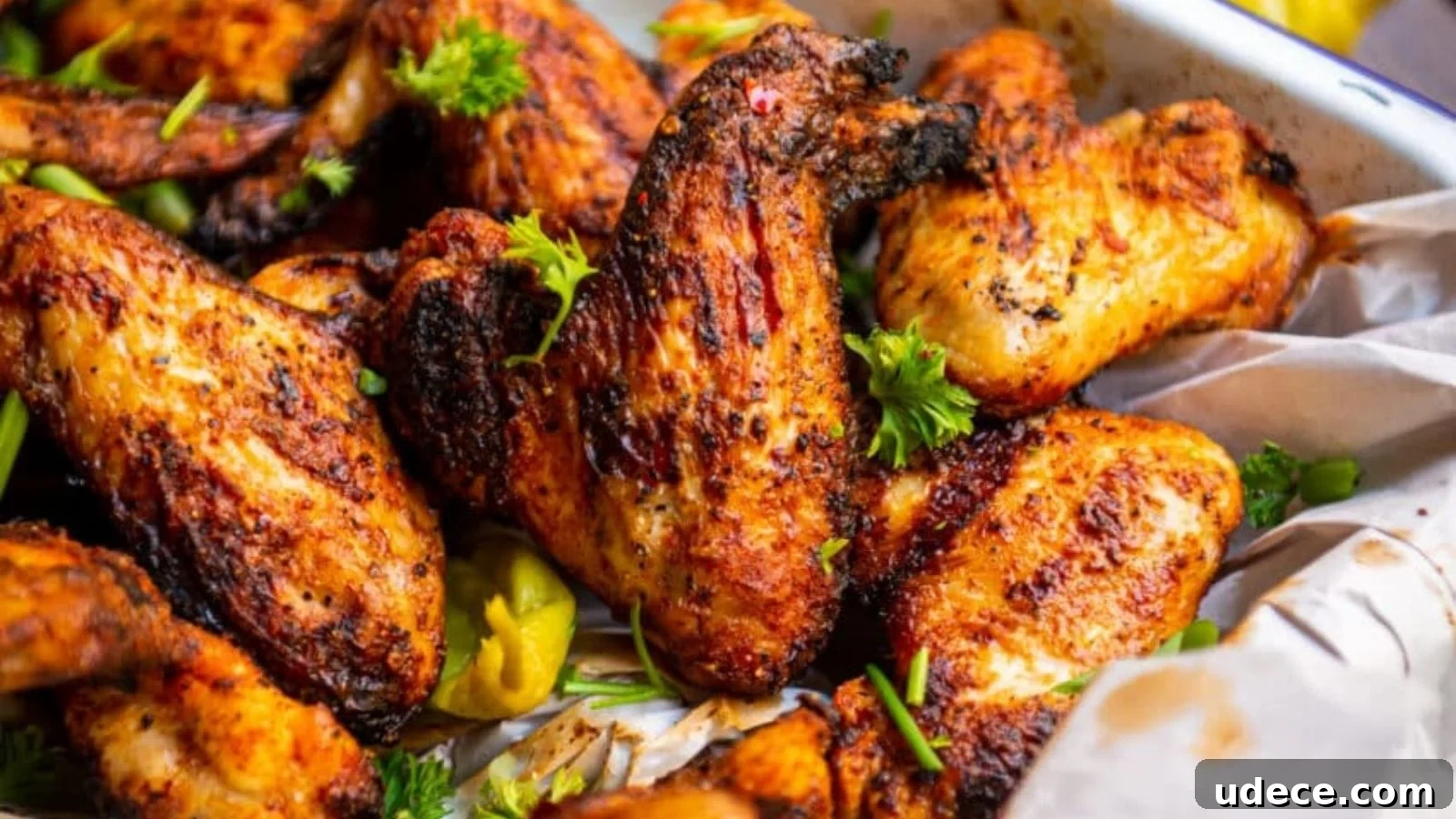 Grilled chicken wings with a crispy skin, garnished with parsley, and served with yellow pepper slices on parchment paper.