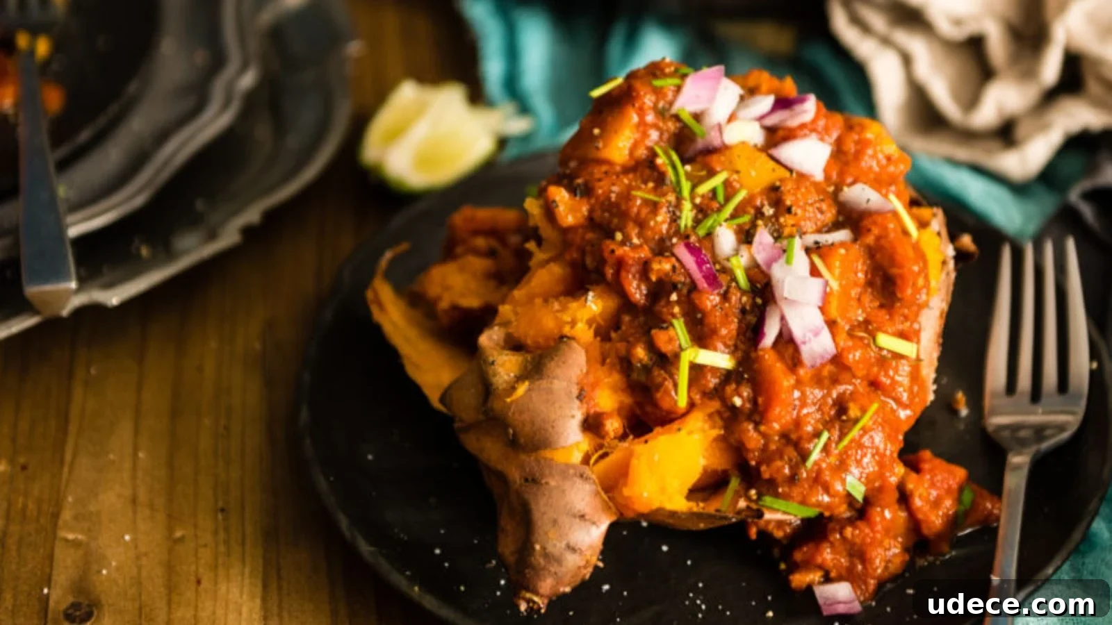 Baked sweet potato topped with chili, chopped red onions, and herbs on a black plate; lime wedge and cutlery nearby.