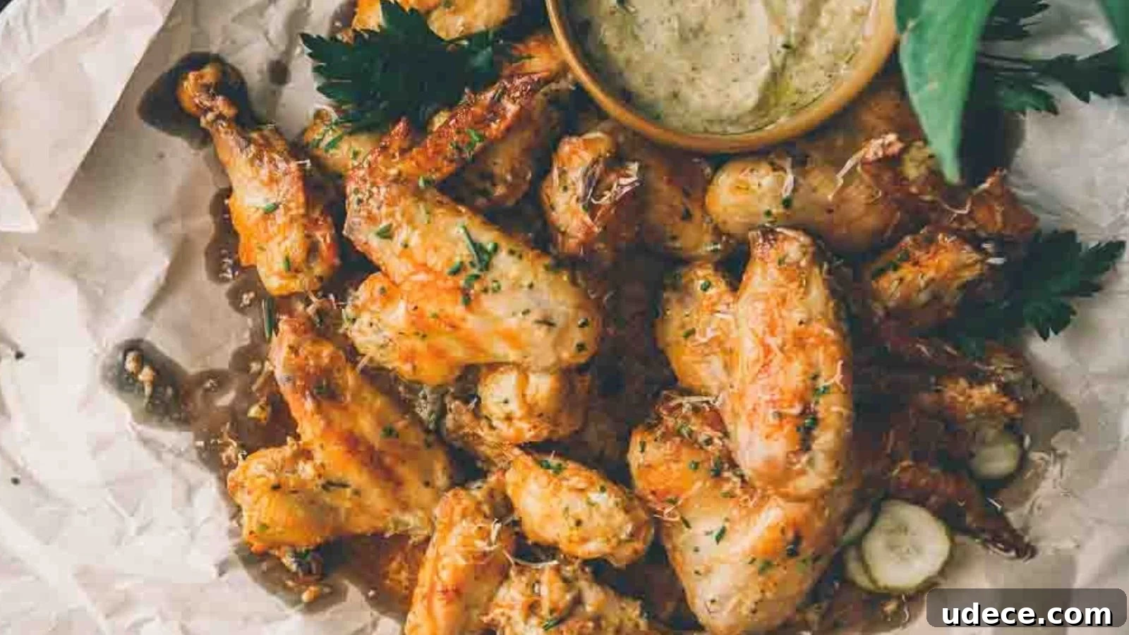 A pile of seasoned chicken wings garnished with herbs served on parchment paper, accompanied by a bowl of creamy dipping sauce.