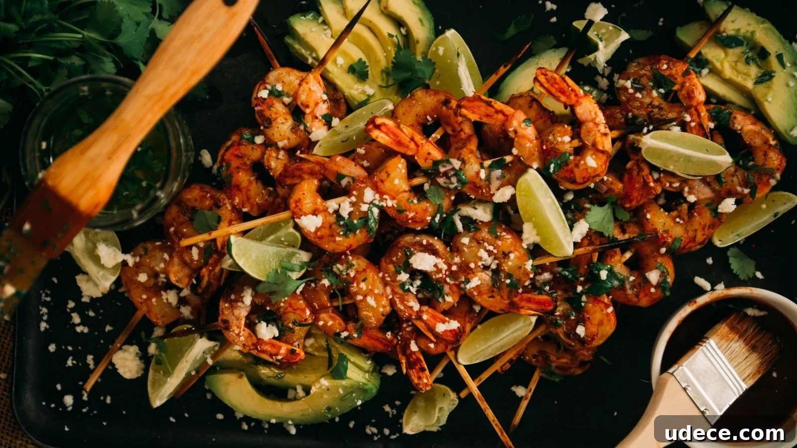 Grilled shrimp skewers garnished with lime wedges, sliced avocado, cilantro, and crumbled cheese on a black platter.