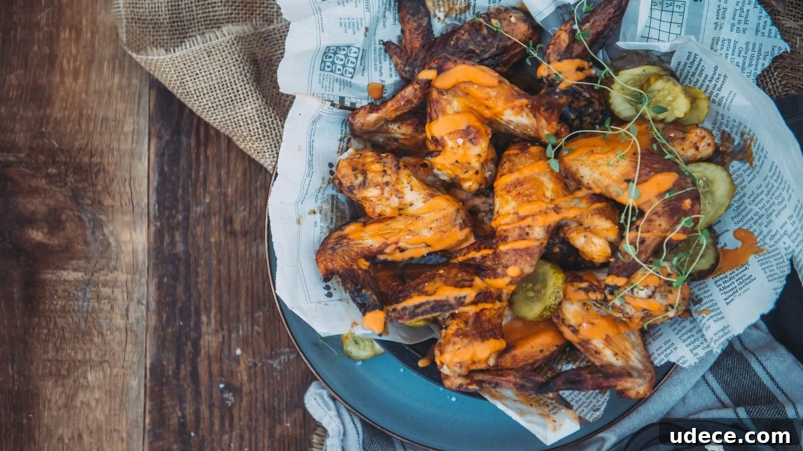 Plate of grilled chicken wings topped with orange sauce, garnished with pickles and greens, served on newspaper-lined dish over a wooden table.