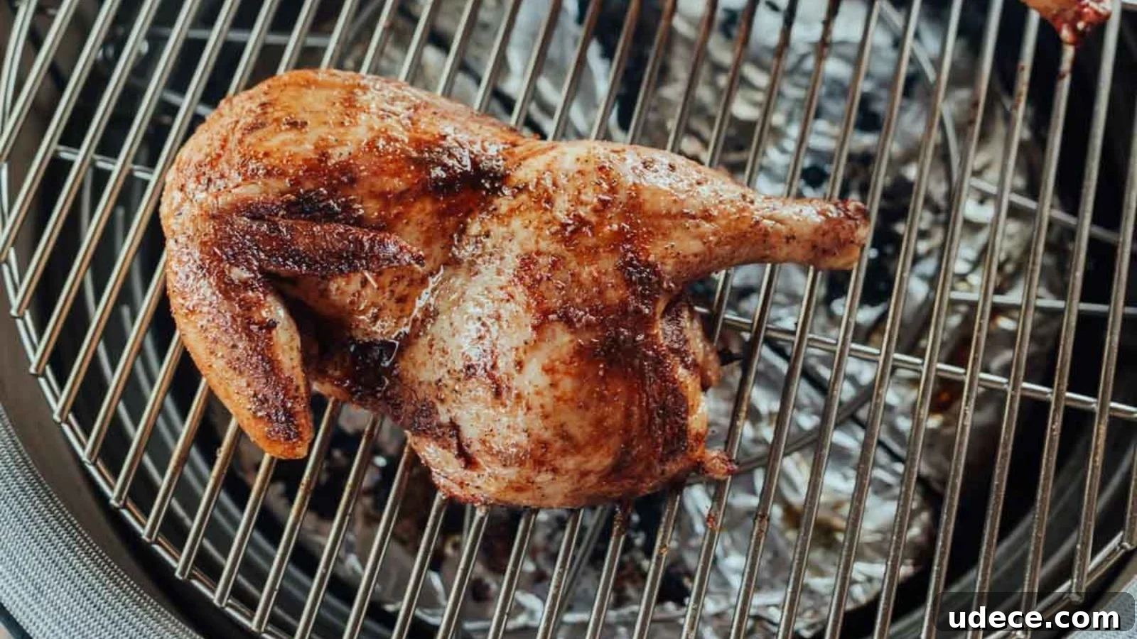 Grilled spatchcocked chicken with seasoning on a barbecue grill.
