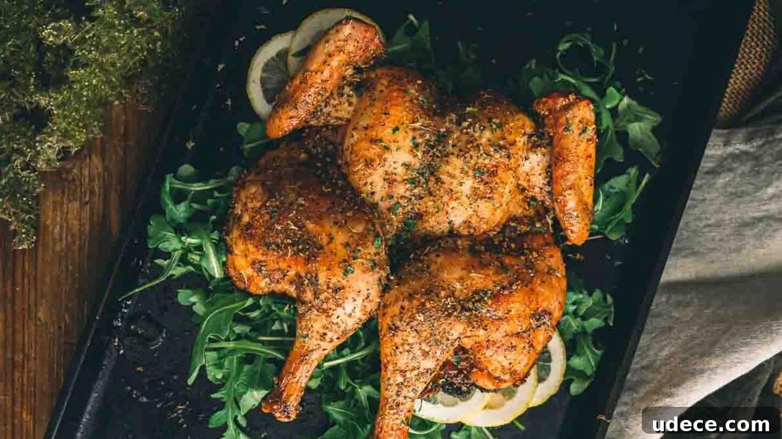 Spatchcock chicken with herbs on a bed of arugula and lemon slices, served on a dark tray.