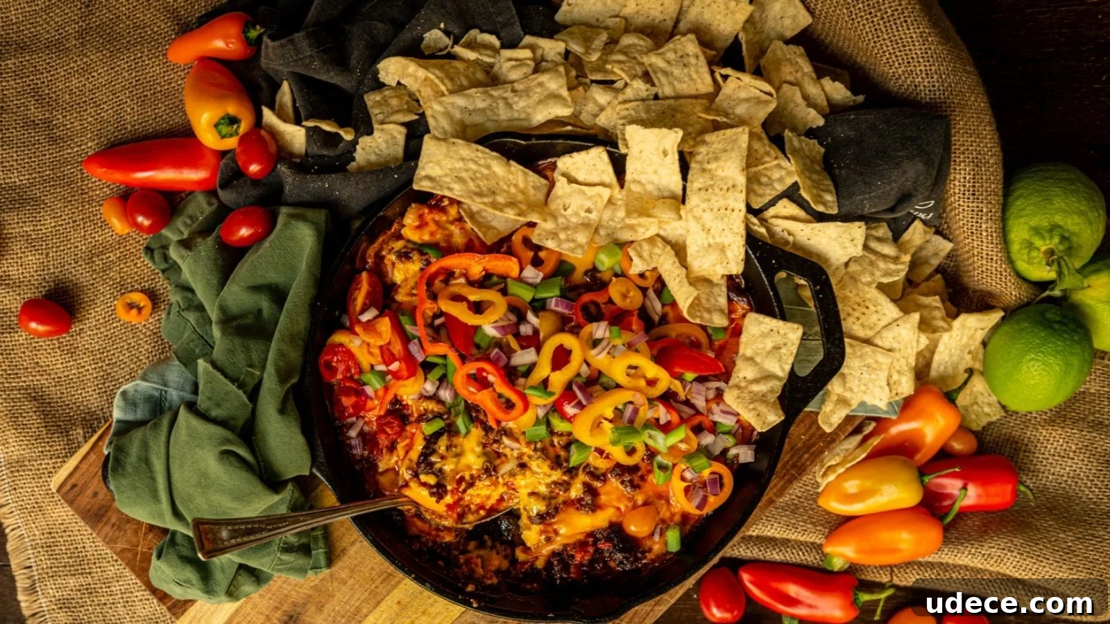 A cast-iron skillet filled with baked nachos topped with cheese and sliced peppers, surrounded by tortilla chips, cherry tomatoes, and limes on a burlap surface.