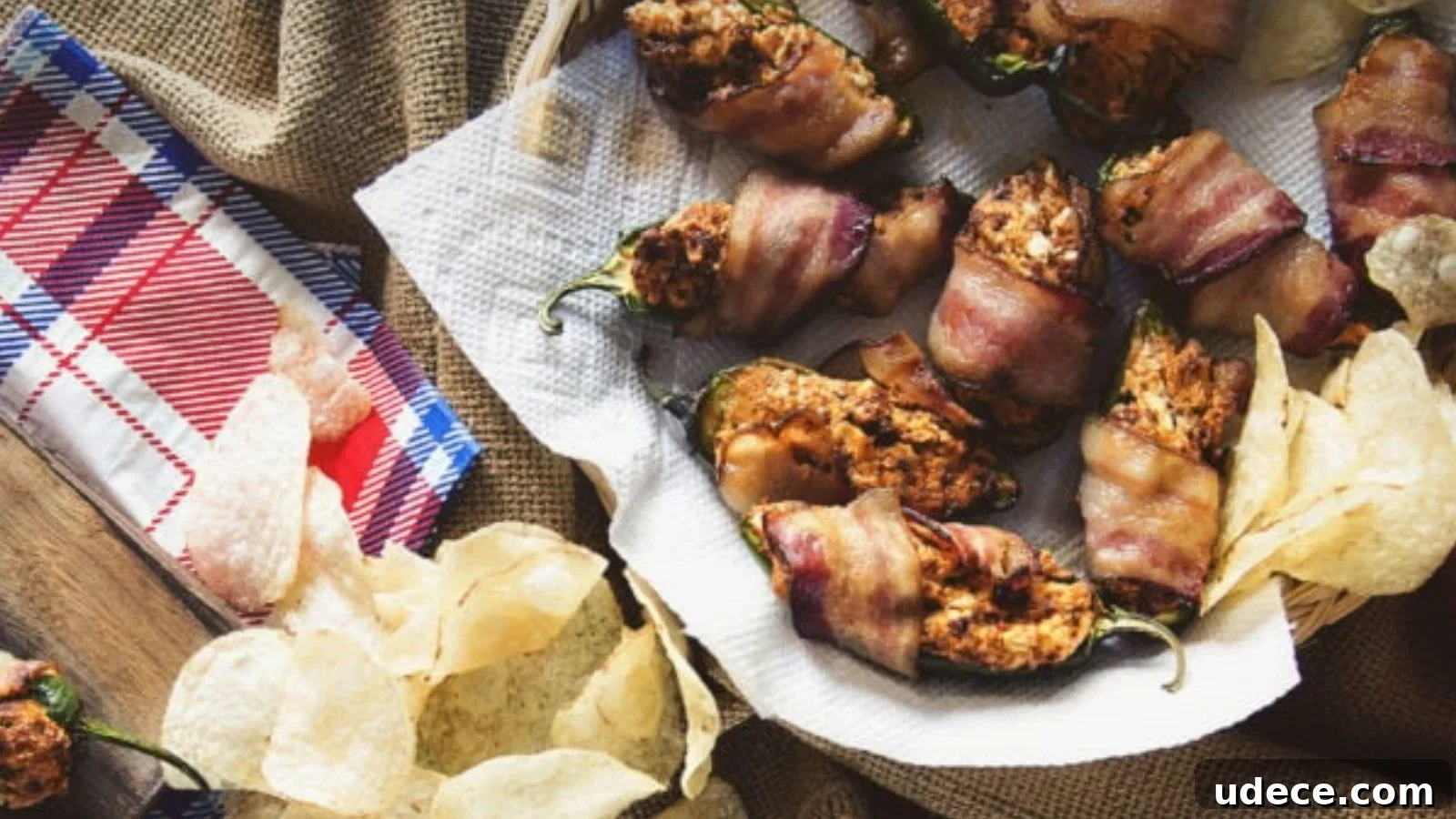 A basket of bacon-wrapped jalapeños sits on a cloth along with a side of potato chips and a red, white, and blue cloth napkin.