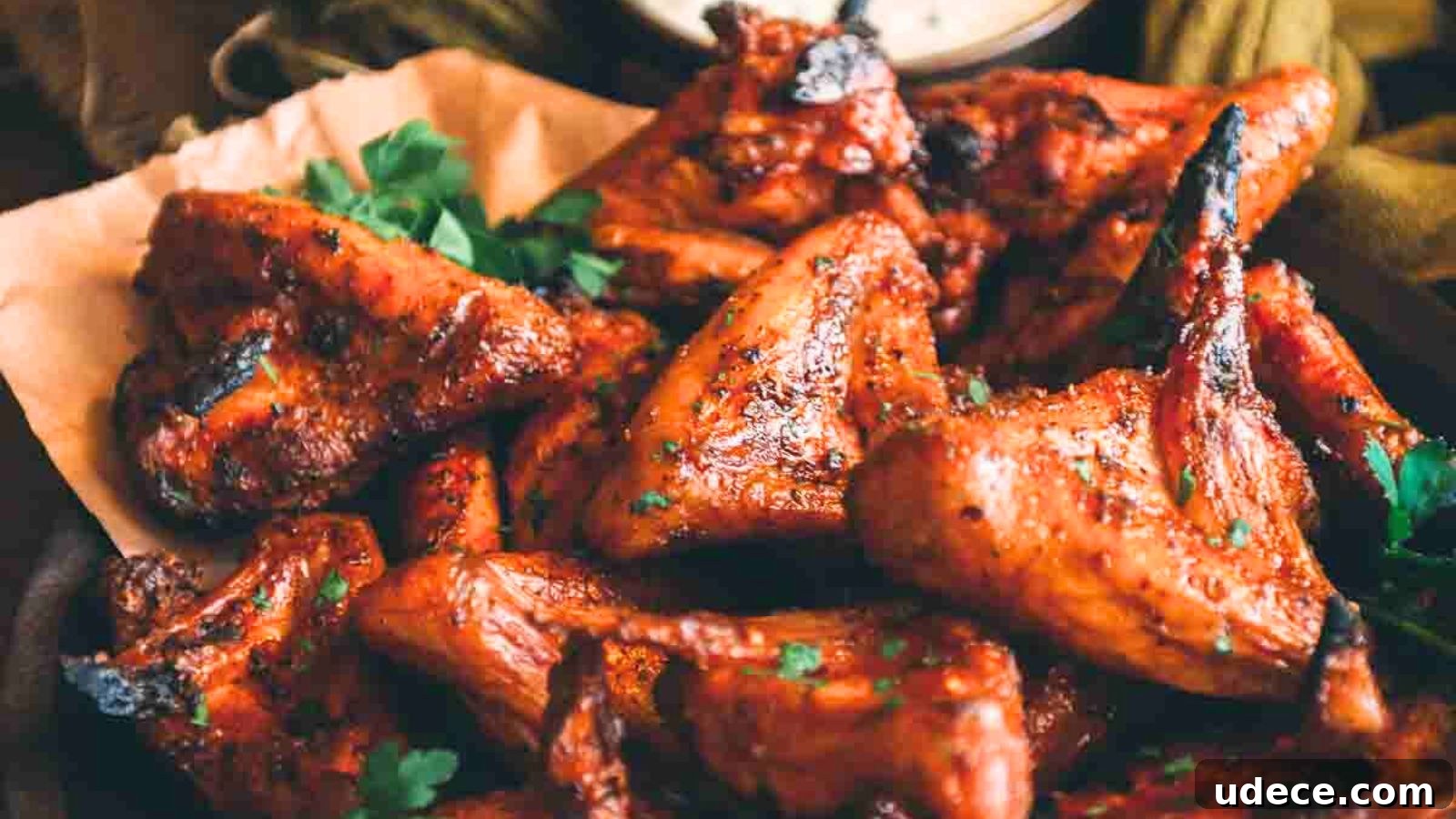Close-up of spicy grilled chicken wings on parchment paper, garnished with parsley.