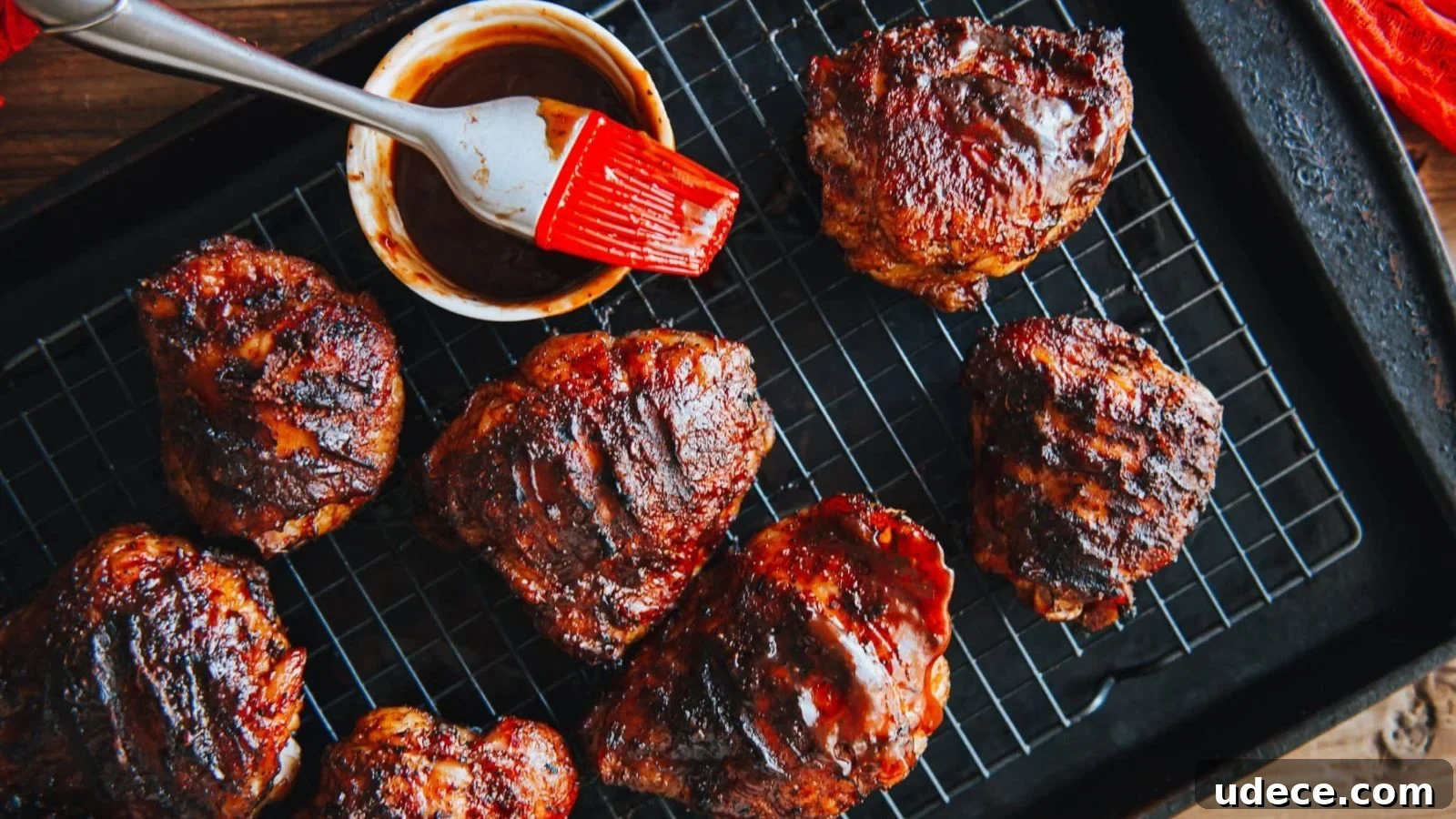 Grilled, glazed meat pieces on a wire rack with a dish of sauce and a brush.