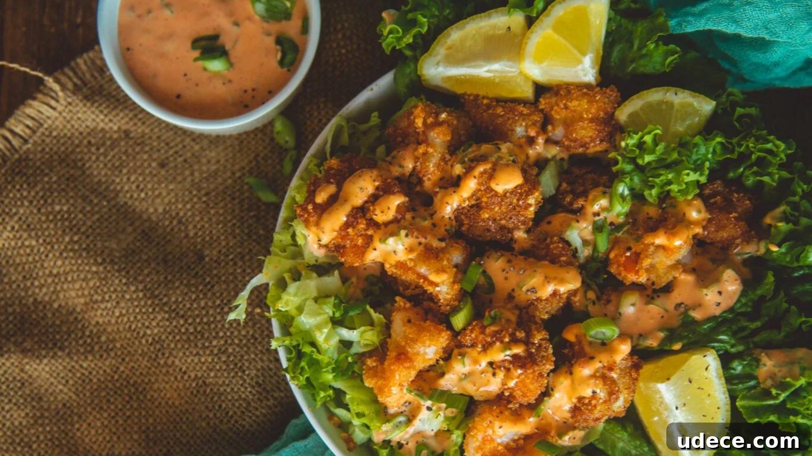 A plate of fried chicken pieces on a bed of lettuce topped with sauce, garnished with lemon wedges. A small bowl of similar sauce is on the side.