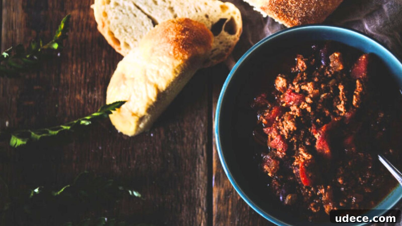 A bowl of chili, inspired by classic chili recipes, sits on a wooden table with a spoon, accompanied by sliced bread and fresh green leaves.