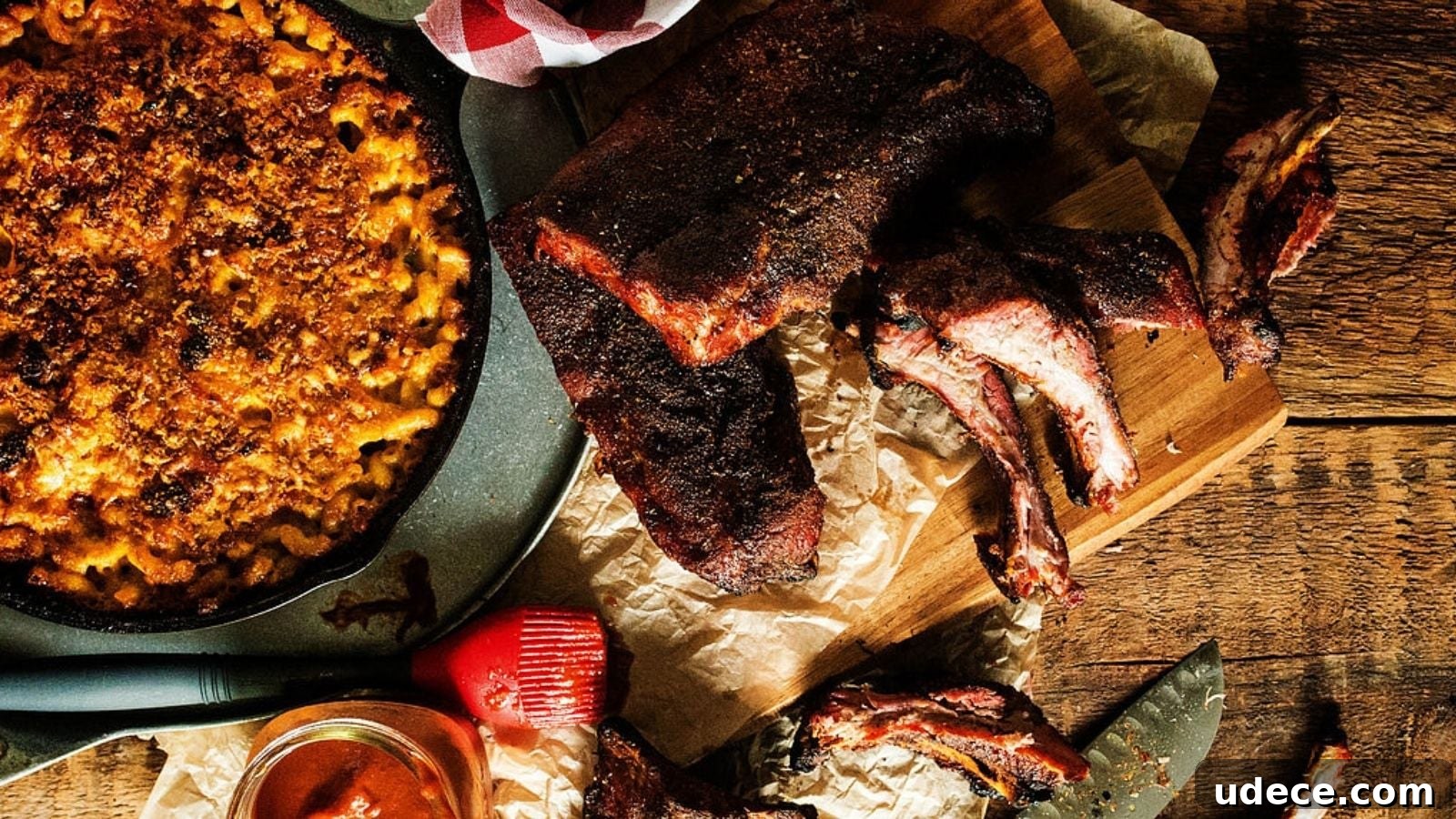 A dish of baked macaroni and cheese next to a cutting board with smoked barbecue ribs on a wooden table. A basting brush and a bowl of barbecue sauce are nearby.