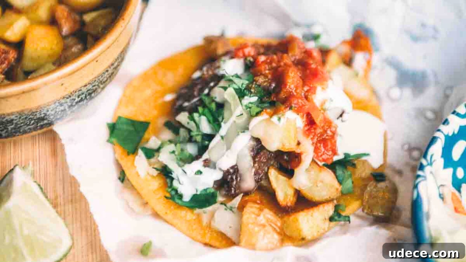 Taco with diced potatoes, black beans, cheese, cream, red salsa, and chopped cilantro. Lemon wedge and bowl of potatoes nearby.