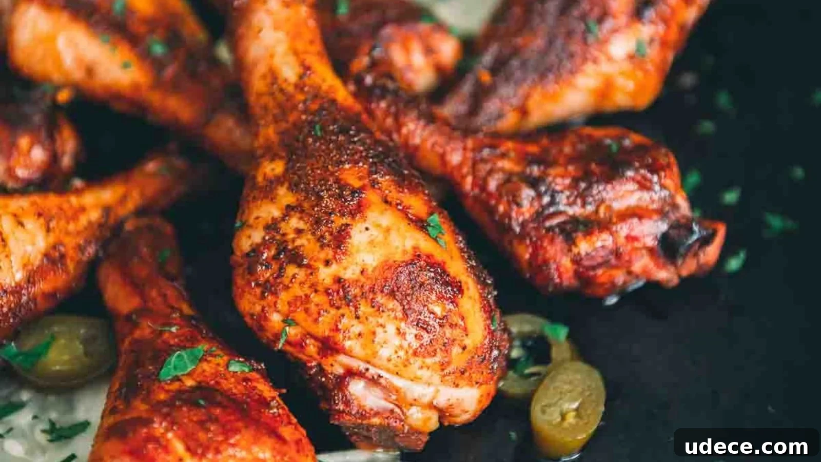 Close-up of seasoned and roasted chicken drumsticks with garnish.