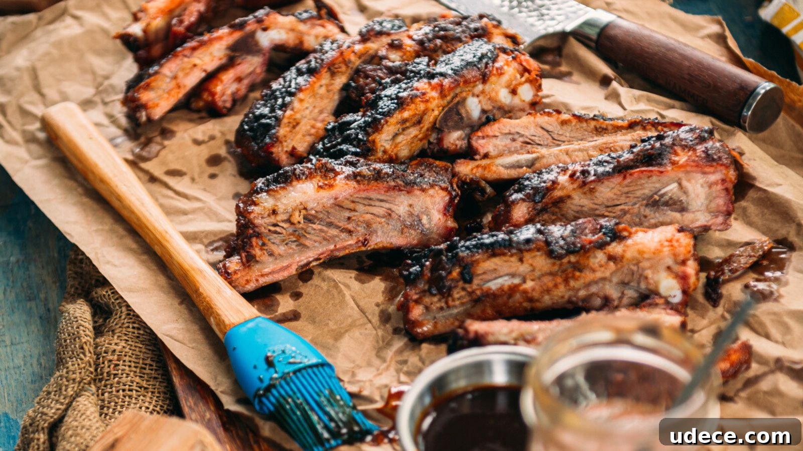 Barbecued ribs on brown paper with a brush, sauce jar, and knife, arranged on a rustic tabletop.