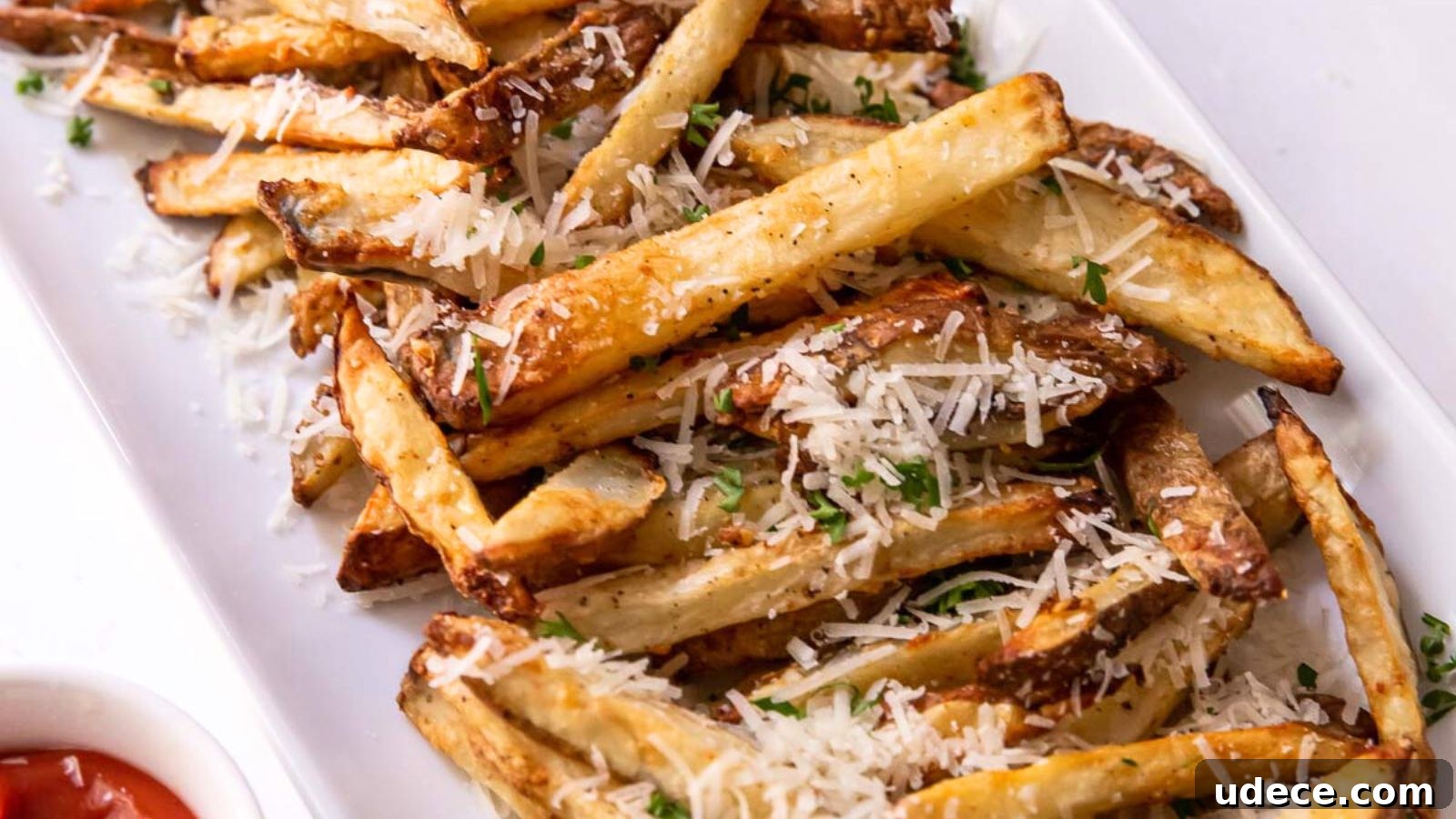 A plate of seasoned French fries topped with grated cheese and herbs, served on a white rectangular dish. Ketchup is in a small bowl beside the plate.