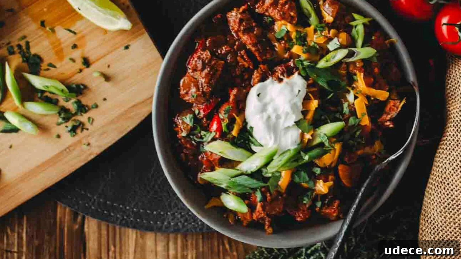 A bowl of chili topped with sour cream, sliced green onions, and cilantro, with a wooden board of lime wedges and chopped herbs nearby. A spoon rests in the bowl.