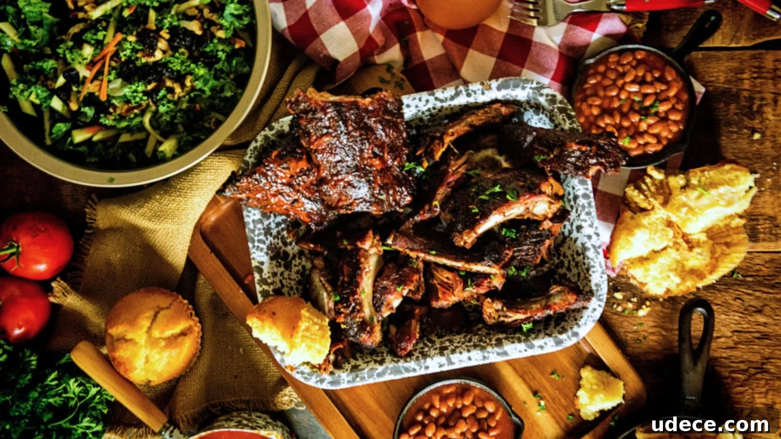 A rustic wooden table set for a meal with barbecue ribs on a platter, a bowl of salad, baked beans, cornbread muffins, and tomatoes, on a checkered cloth.