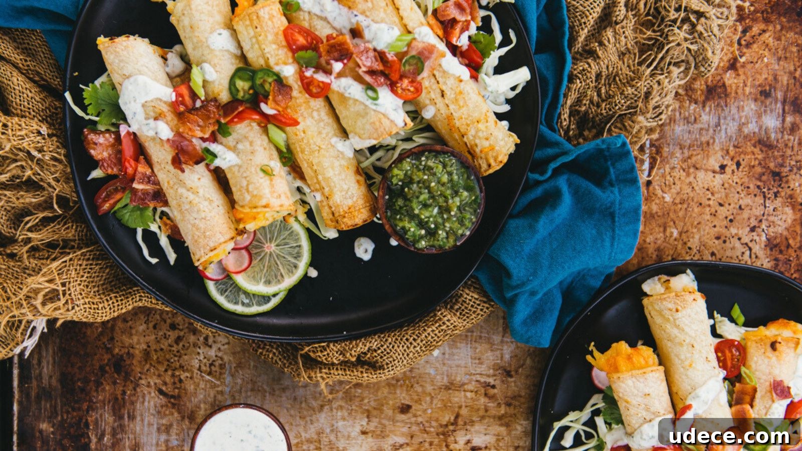 A plate of rolled tacos with toppings like tomatoes and jalapeños, served with green sauce on a distressed wooden table.