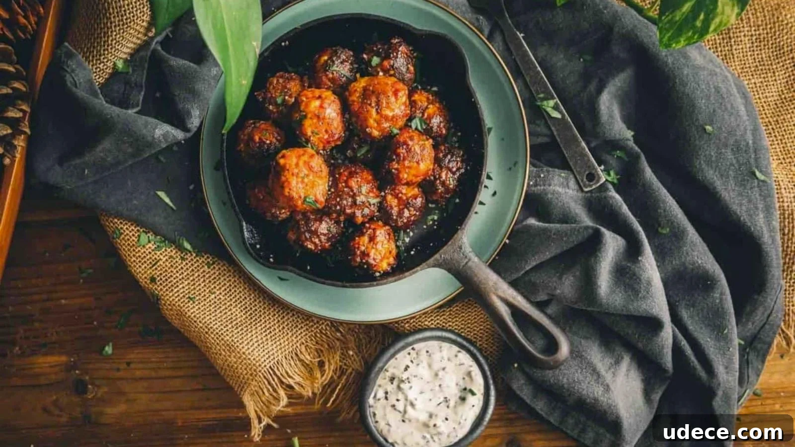 A skillet of glazed meatballs garnished with herbs, placed on a green plate. A small bowl of creamy dipping sauce is beside the skillet, all on a wooden surface with burlap and a cloth.