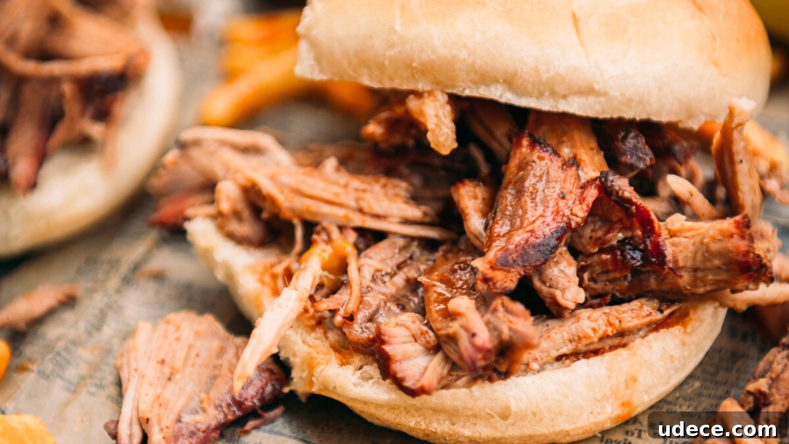 Pulled pork sandwich with tender meat in a bun on a piece of newspaper.