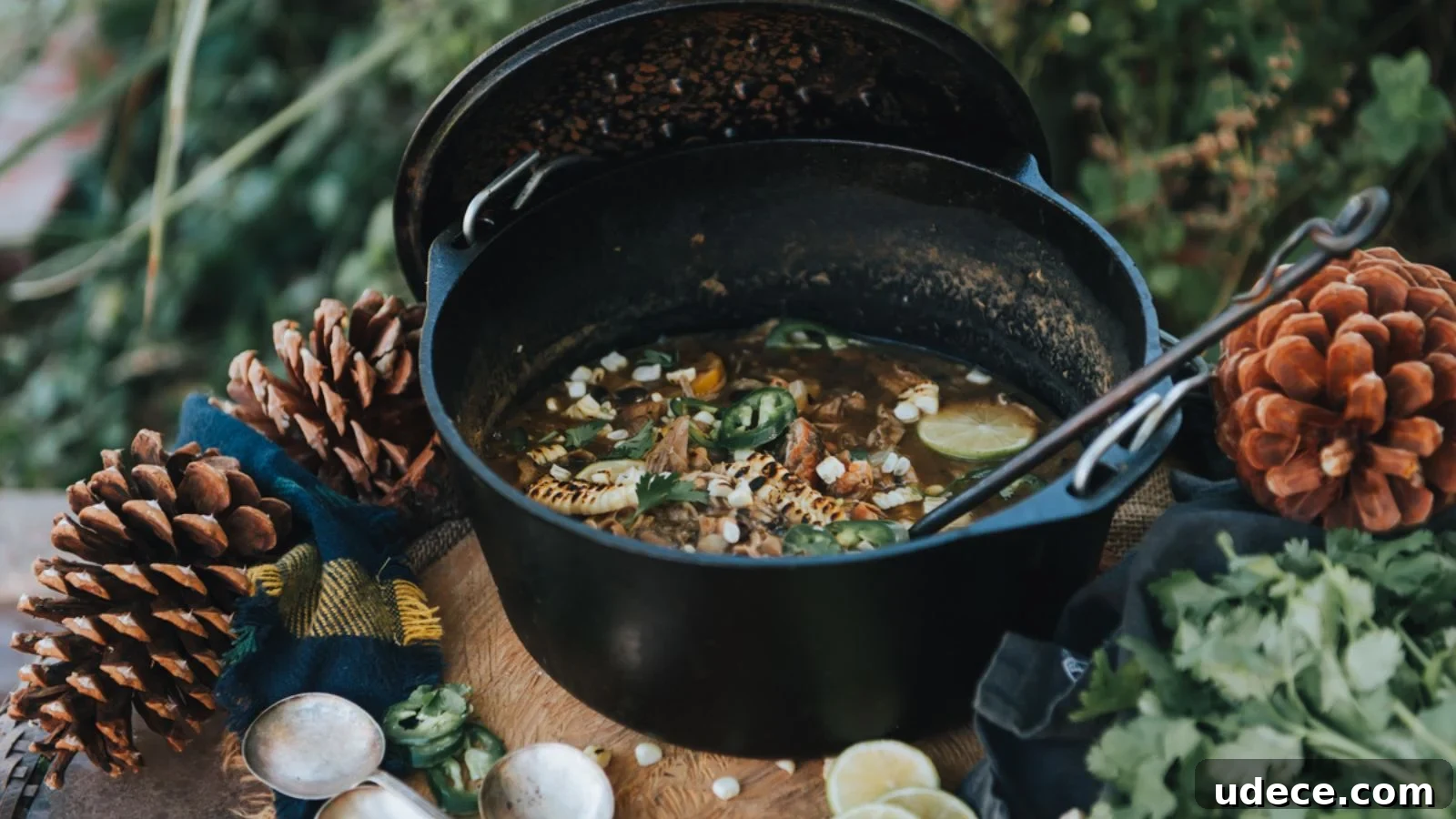 A pot of stew with meat, corn, and jalapeños surrounded by cilantro, pine cones, and lime slices, placed on a wooden surface.