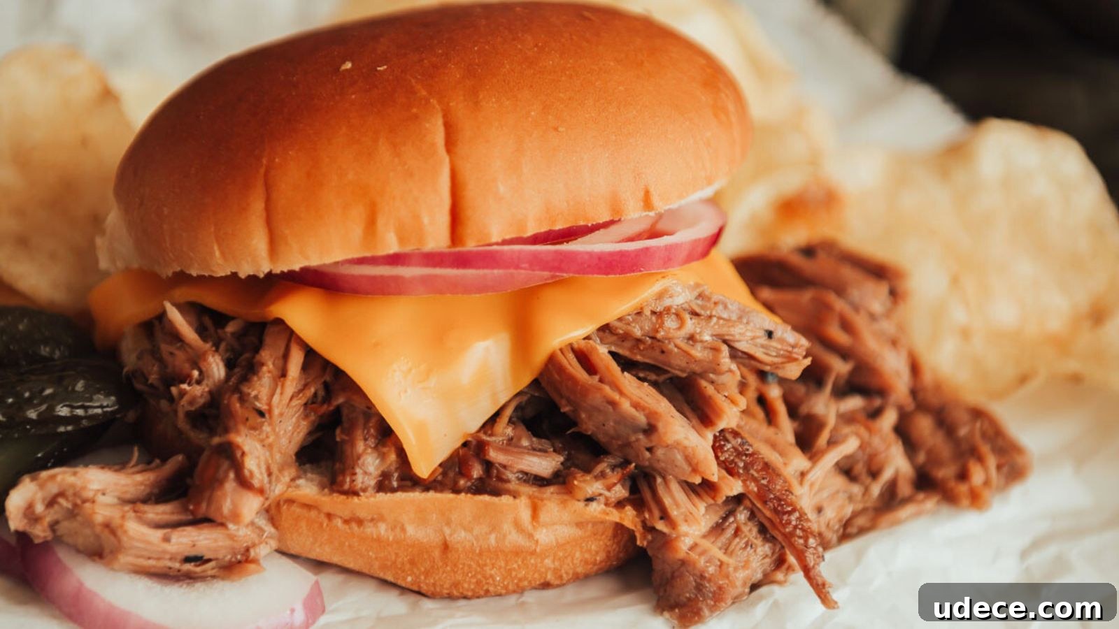 Pulled pork sandwich topped with cheese and red onions on a bun, served with pickles and potato chips.