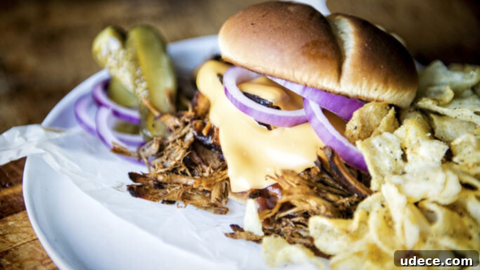Pulled pork sandwich with melted cheese and red onions on a plate, served with pickles and potato chips.