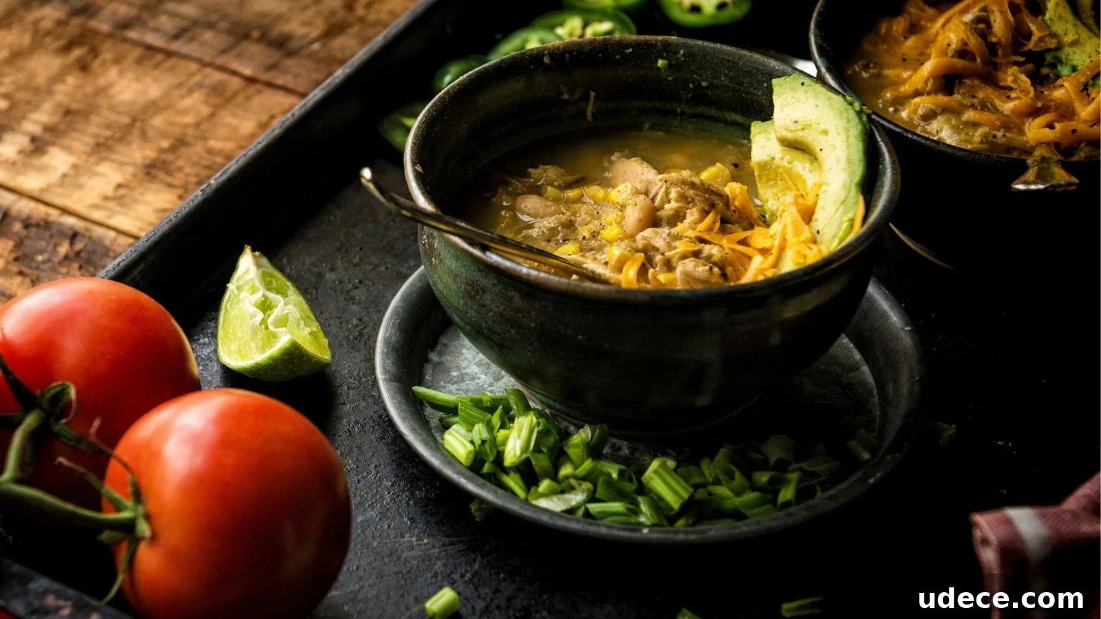 A bowl of soup with meat, avocado, and green onions on a tray. Nearby are sliced jalapeños, a wedge of lime, whole tomatoes, and a dark wooden surface.