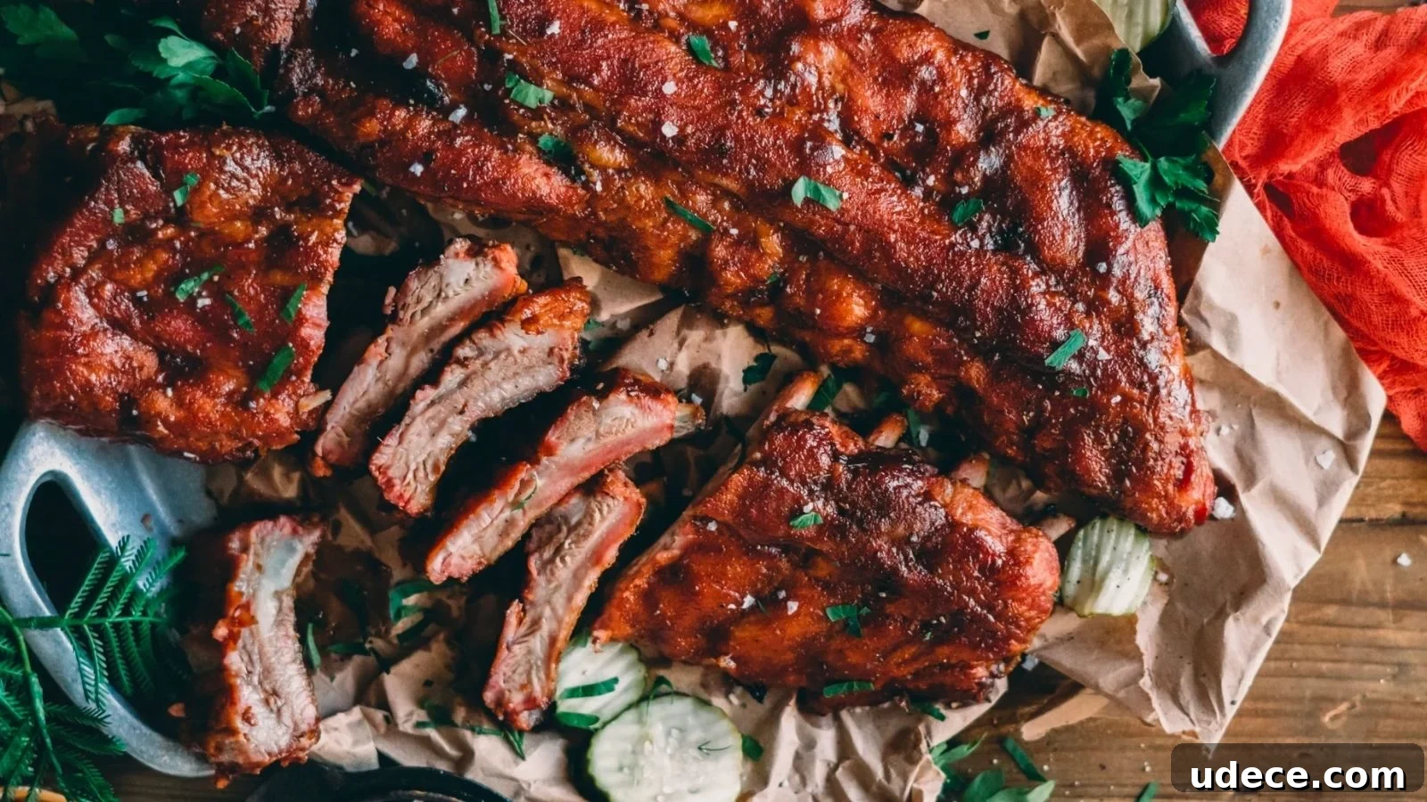 Barbecued ribs on parchment paper with sliced pieces and some herbs sprinkled on top, accompanied by cucumber slices.